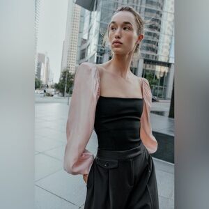 Zara contrast stretch Bodysuit with Blush Satin Sleeves blogger fav